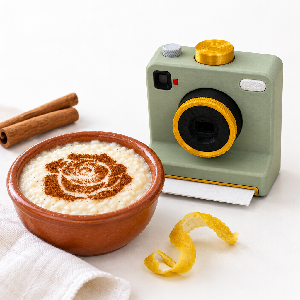 Arroz con leche con una rosa de canela hecha con Revela
