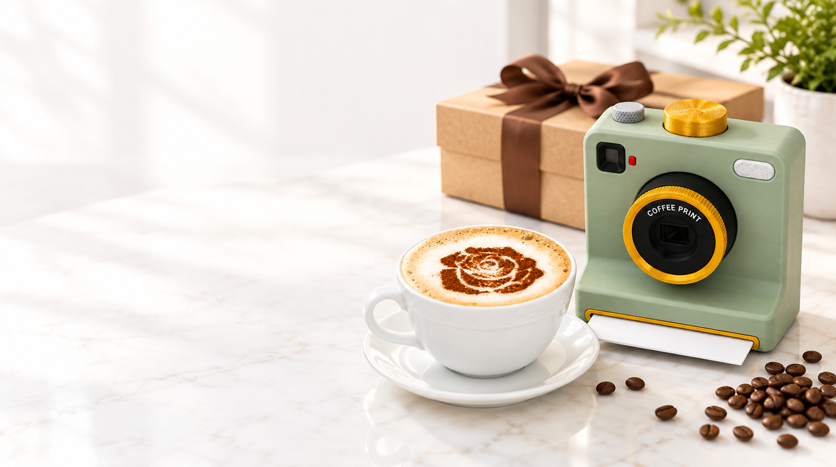 Cámara de Café Revela con capuchino y caja de regalo