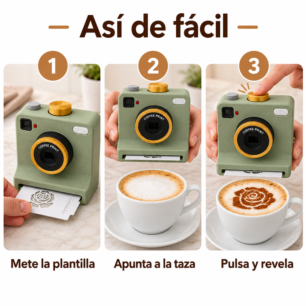 Así de fácil: mete la plantilla, apunta a la taza, pulsa y revela
