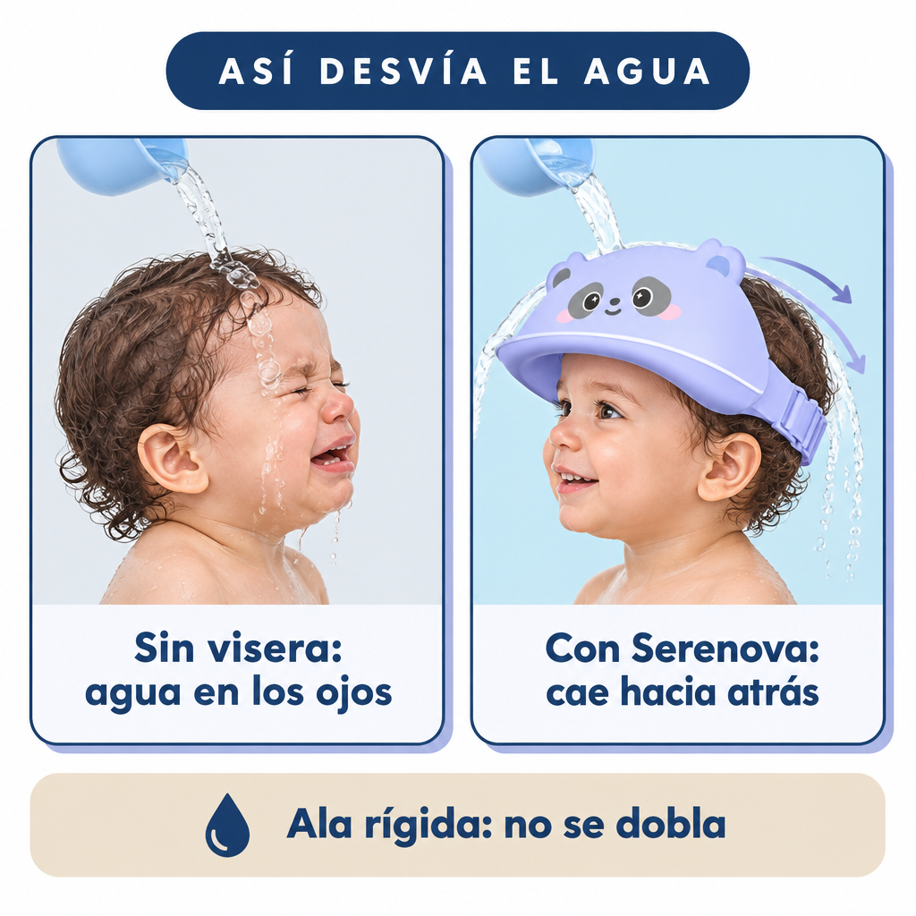 Sin visera el agua cae en los ojos; con la visera Serenova cae hacia atrás